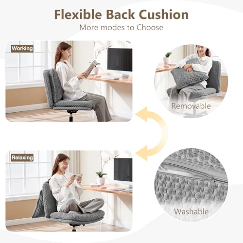 Fizzin Criss Cross Chair,Armless Cross Legged Chair with Wheels,Memory Foam Seat Office Desk Chair with Flipable Back Cushion,Mid Back Swivel Chair for Home Office,Bedroom Vanity (Grey)