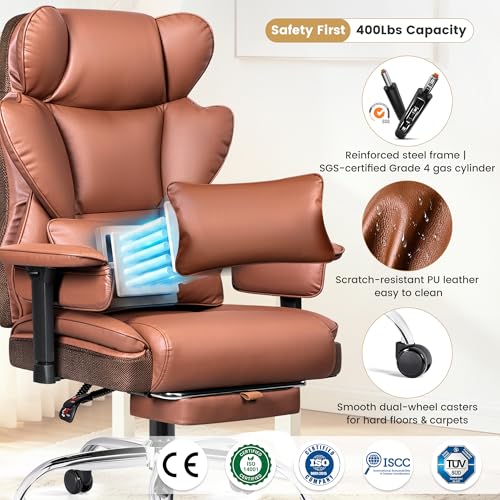 Stella Mia Big & Tall Executive Office Chair 400 LBS, Ergonomic High Back Heavy Duty Computer Chair with Retractable Footrest and Wide Seat, for Heavy People, Brown