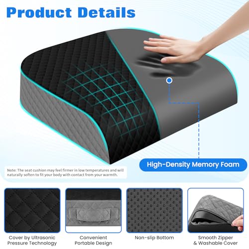 EdenDwell Seat Cushion, Memory Foam Chair Pad for Sciatica & Hip Pain Relief, Non-Slip Cushion for Office, Home, Car, Large Desk Chair Cushion, Washable Cover & Handle, Large, Black