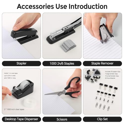 SKYDUE Black Office Supplies Set, Black Desk Accessories, Stapler, Tape Dispenser, Scissors, Binder/Paper Clips and 1000pcs Staples, Desk Supplies Set