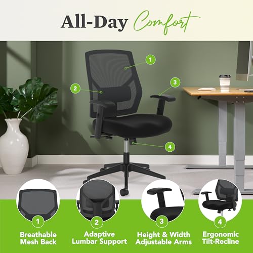 HON Crio Ergonomic Mesh Office Chair, High‑Back Desk Chair with Adjustable Arms, Lumbar Support, Center‑Tilt Swivel Seating for Computer Desks and Home Office, Black Frame, Black