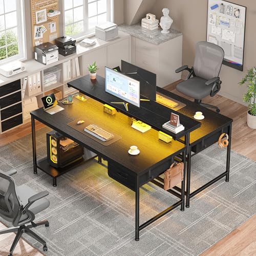 DurayLoly 39.3" Gaming Desk with Power Outlet and LED Lights,Computer Desk with Adjutable Monitor Stand and Drawer,Office Desk with CPU Stand for Home Work,Study and Gaming, Small Spaces,Black