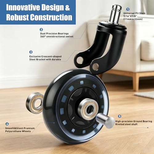 Office Chair Caster Set of 5, Hirate 3" Heavy Duty Desk Chair Replacement Wheel with Crescent-Shaped Smooth Rolling Safe for Hardwood, Carpet, Tile, Universal Fit 7/16" x 7/8", Blue