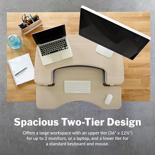Vari VariDesk Pro Plus 36 Standing Desk Converter – 11 Height Settings + Spring Lift, 2 Tier Design, Keyboard Tray, Fits Desktops 36” Wide x 26.5" Deep – Delivers Fully Assembled (Light Wood)