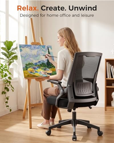 GTPLAYER Ergonomic Office Chair with Flip-up Armrests Executive Computer Chair for Home Office, Breathable Mesh & Comfy Lumbar Support, Black