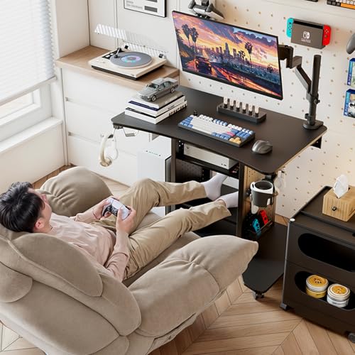 EUREKA ERGONOMIC Gaming Desk Computer, 37" Rolling Desk on Wheels for Small Space, Mobile Computer Cart with Pegboards Adjustable Shelves for Gaming PS Switch Home Office - Black