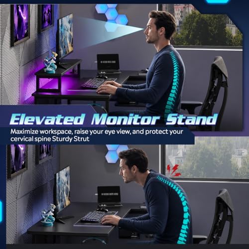 DEVAISE 47" L Shaped Gaming Desk with LED Lights and Power Outlets - Spacious Corner Computer Table with Monitor Stand and Storage Shelves for Work and Gaming, Black