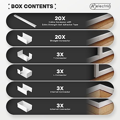 A+ ELECTRIC Cord Cover Full Kit, 26ft/315in Self-Adhesive Cable Raceway, 20 Snap-On Channels, Wire Hider for TV, HDMI & Speaker Cables, Includes Connectors & Corners, Paintable Cable Management, White