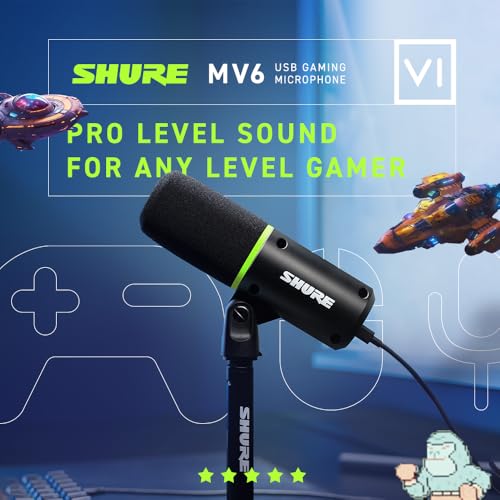 Shure MV6 USB Gaming Microphone for Streaming, Podcasting & Recording - Dynamic USB-C Mic with Voice Isolation, Auto Level Mode, DSP Audio Control & Headphone Monitoring, Black