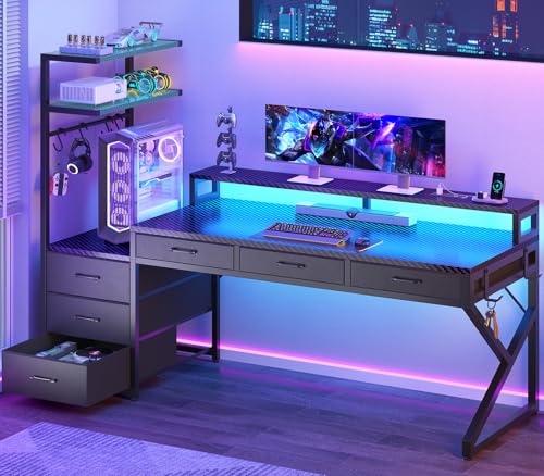 SEDETA 55" Gaming Desk with 6 Drawers, Corner Gaming Desk with Storage & LED Lights, Reversible PC Desk with Power Outlet, Corner Computer Desk with Hutch, Monitor Stand, Side Hook, Carbon Fiber Black