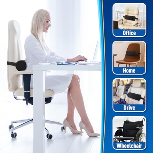 CushZone Lumbar Roll Support Pillow for Office Chair, Car, Gaming Chair, Memory Foam Back Cushion with Washable Cover for Relieving Back Pain & Improving Posture,Black
