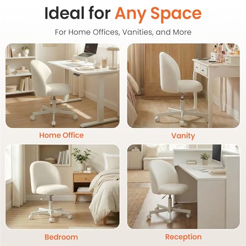 NEO CHAIR Office Vanity Chair with Wheels Comfy Desk Chair for Girls Cute Computer Small Armless Adjustable Height Swivel for Home Bedroom Task (White)