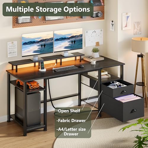 Furologee 61" Gaming Desk with Power Outlets & LED Lights, Reversible Computer Desk with File Cabinet & Monitor Stand for Home Office, Large Work Table with Storage Shelves & Drawer, Black