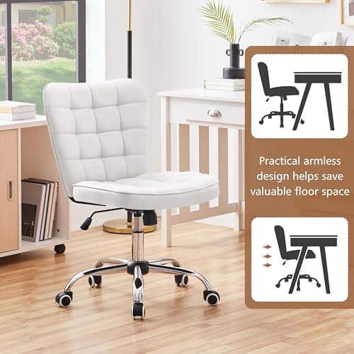 Yaheetech Armless Desk Chair Modern Tufted Office Chair Faux Leather Upholstered Computer Chair with Adjustable Seat Height and Rolling Wheels for Home/Office, White