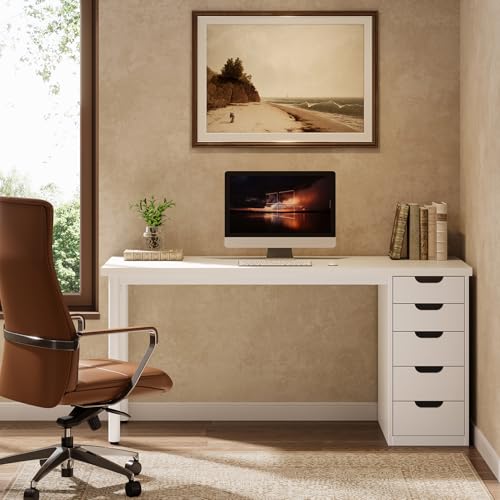 Tribesigns Modern Simple Computer Desk, 47 Inches PC Desk with 5 Reversible Drawers, Rustic Brown Study Writing Table Workstation for Home Office Small Spaces (All White)