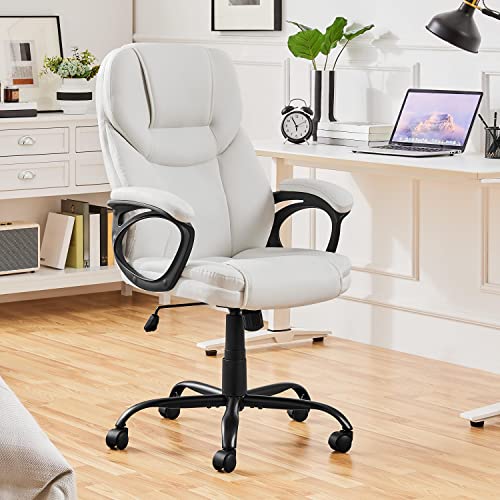 Yaheetech High Back Executive Office Chair Faux Leather Ergonomic Managerial Chair for Meeting Computer Large Seat, Sturdy Metal Base,White