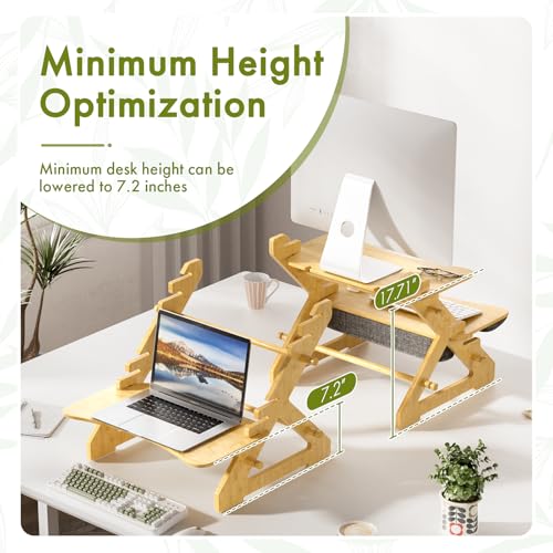 Amazer Standing Desk Converter, 22 inch Bamboo Small Sit Stand Up Desk Riser with Lap Desk Computer Desktop Desk Converter for Monitor and Laptop with Keyboard Tray