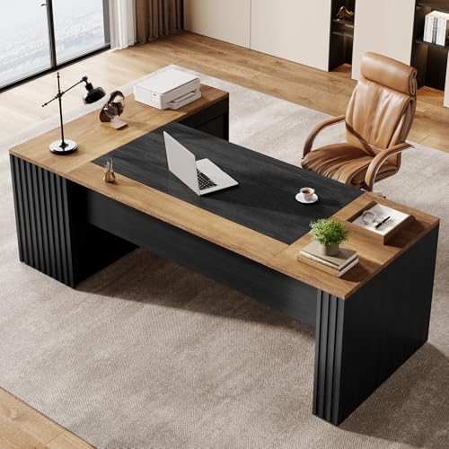 Tribesigns 78" L Shaped Executive Desk with Drawers, Large Office Computer Desk with Cabinet and Storage Shelves, Modern Business Furniture Sets Workstation for Home Office (Brown&Black)