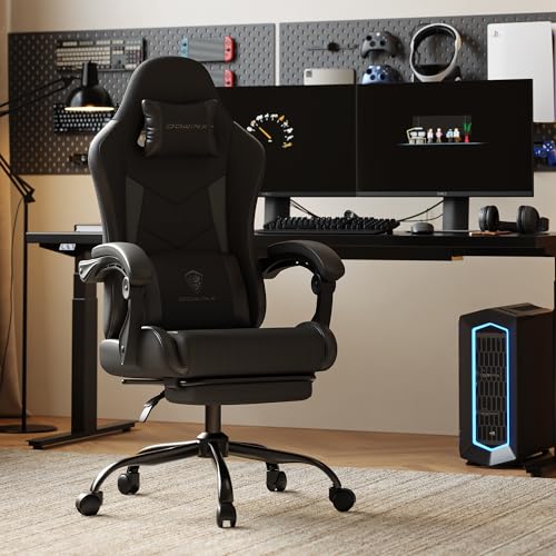 Gaming Chair with Footrest, Ergonomic 330lbs Leather Mesh Chair, Massage Lumbar Support, Adjustable Height & Headrest Pillow, Breathable Seat for Office, Home, Streaming, Long Gaming Sessions, Black