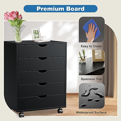 OLIXIS 5 Drawer Mobile File Cabinet Under Desk Storage Organization with Wheels Vertical Filing Chest Rolling Wood Small Desk Printer Stand for Home Office, 15.75"D x 18.74"W x 25.39"H, Black