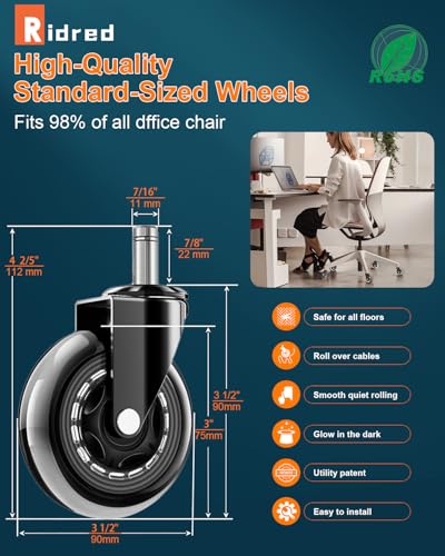 RidRed Office Chair Wheels - Replacement Rubber Wheels - Universal Fit 3 Inch Casters, Heavy-Duty Chair Casters, Noise Free, Fits 98% Chair, for All Floor (5)