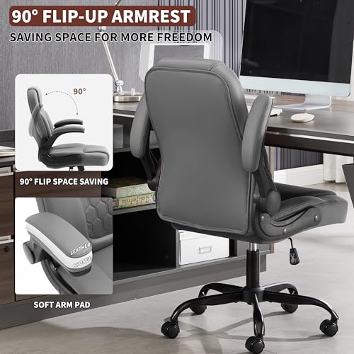 Nexthro Executive Office Chair PU,Leather Office Chair with Wheels,360° Swivel Rolling Chair with Padded Arms,Ergonomic Computer Chair with Lumbar Support for Short People Use (Grey)