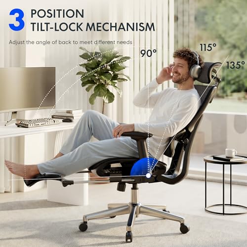 FLEXISPOT ErgoX Premium Ergonomic Office Chair with Footrest - Adjustable 3D Armrests, Dynamic Lumbar Support, Recline & Tilt Function, Mesh Seat, for Home & Office Use, Black