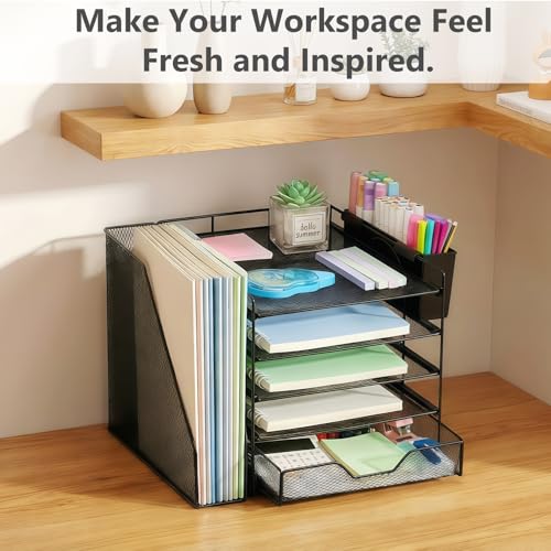 Gugsey Desk Organizers and Accessories, 5-Tier Paper Letter Tray Organizer with File Holder, Drawer & Pen Holder, Office Desk Accessories, Desktop Organizer for Classroom Office Supplies, Black