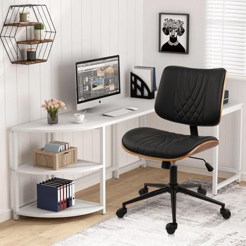 CLATINA Armless Home Office Chair, Desk Chair with Wheels, Adjustable Height Reading Chair, Leather Mid Back & Swivel Computer, Modern Walnut Chairs with Back for Study Meeting Room(Black) 4Pack