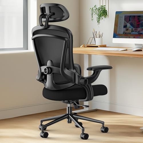 Sweetcrispy Office Ergonomic Desk Chair, 300 LBS Home Mesh Chairs with Wheels, 2D Headrest, Up&Down Lumbar Support, Swivel High Tall Back Computer with Flip-up Armrests, Dark Black