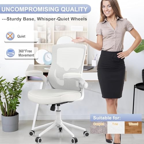QLTPLUS Office Chair for Long Hours & Lower Back Pain Relief – 4" Thick Molded Foam Cushion, Padded Lumbar Support and Flip-up Armrests, Ideal for Office or Study (Modern, White)