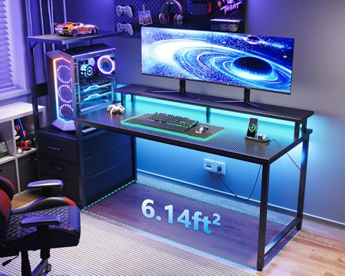 AODK 59 Inch Gaming Desk with LED Light- Reversible Computer Desk with Storage Shelves & Monitor Stand, Modern Gamer Desk Table with Fabric Drawers, Black