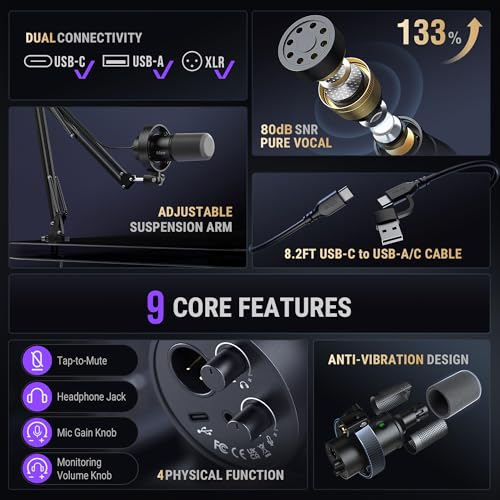 FIFINE K688 Podcast Microphone Kit, USB/XLR Dynamic Microphone with Boom Arm for PC/XLR Mixer, Gaming Mic with Mute Button, Headphone Jack for Vocal, Voice-Over, Streaming, Music Recording -K688CT