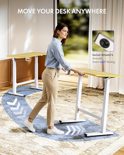 FLEXISPOT H7 Plus Gas Spring Adjustable Standing Desk, Mobile Rolling Sit-Stand Workstation with Wheel, Cordless Stand Up Desk for Small Room & Home Office 32" One-Piece Desktop Maple,height 27.6"–45"