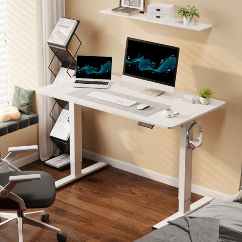FLEXISPOT Standing Desk, 48" x 24" One-Piece Desktop, Height Adjustable Computer Desk for Home Office, White Frame & White Top (One Package)