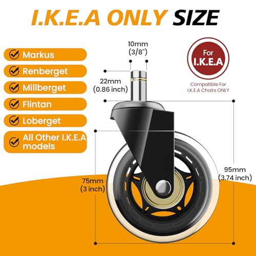 3-Inch Office Chair Caster Wheels for IKEA Chairs, 660 LBS（300kg Capacity, Heavy Duty Nylon Stem 3/8"-7/8", Transparent Rubber Wheels, Quiet & Smooth Rollers, Suitable for Hardwood Floors, Set of 5