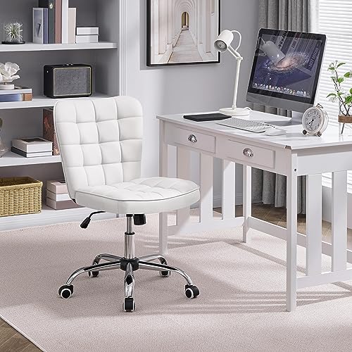 Yaheetech Armless Desk Chair Modern Tufted Office Chair Faux Leather Upholstered Computer Chair with Adjustable Seat Height and Rolling Wheels for Home/Office, White