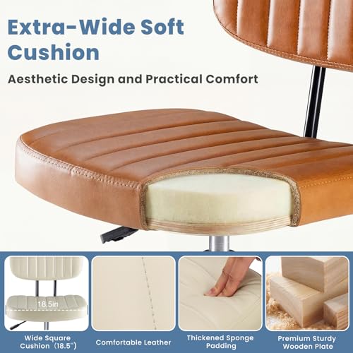 DUMOS Armless Drafting Chair, Low Back Office Seat with Adjustable Footrest Ring for Standing Desk, Ergonomic PU Leather Office Seating, Swivel Rolling High Stool for Studio, Lab, Counter, Brown
