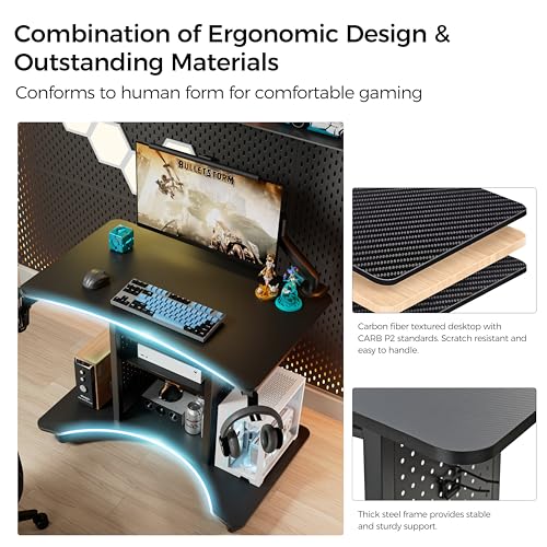 EUREKA ERGONOMIC Gaming Desk Computer, 37" Rolling Desk on Wheels for Small Space, Mobile Computer Cart with Pegboards Adjustable Shelves for Gaming PS Switch Home Office - Black