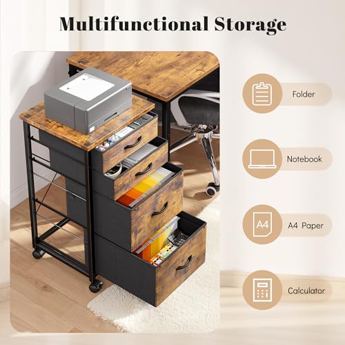 DurayLoly File Cabinet with 4 Fabric Drawers Rolling Printer Stand with Lockable Caster Fits A4/Letter/Legal Size, Home Office Storage, Rustic Brown