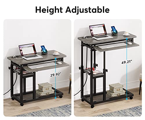 Tribesigns Small Portable Desk with Power Outlet, Height Adjustable Sofa Couch Bedside Laptop Table with Wheels, Mobile Standing Desk Rolling Computer Cart C Side Table with USB Ports