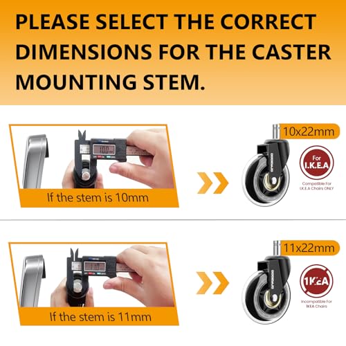 3-Inch Office Chair Caster Wheels for IKEA Chairs, 660 LBS（300kg Capacity, Heavy Duty Nylon Stem 3/8"-7/8", Transparent Rubber Wheels, Quiet & Smooth Rollers, Suitable for Hardwood Floors, Set of 5