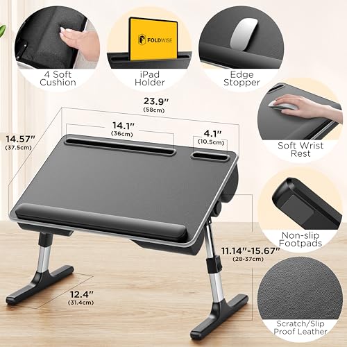 FoldWise 2-in-1 Lap & Bed Desk with Soft Cushions - Adjustable Height & Angle, Foldable Laptop Stand for Bed & Couch - Wrist Rest, iPad Holder, Stopper & Non-Slip Leather - Bed Table for Adults & Kids