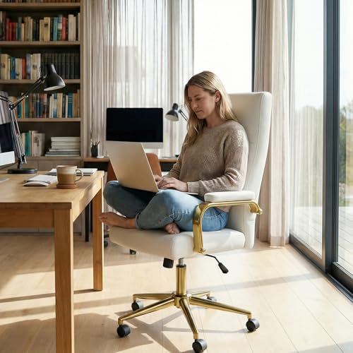 GXJ White and Gold Office Chair with Memory Foam Seat, Computer Desk Chair