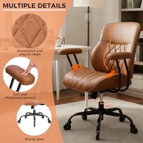 BEWISHOME Brown Leather Office Chair – Features Rubber Wheels