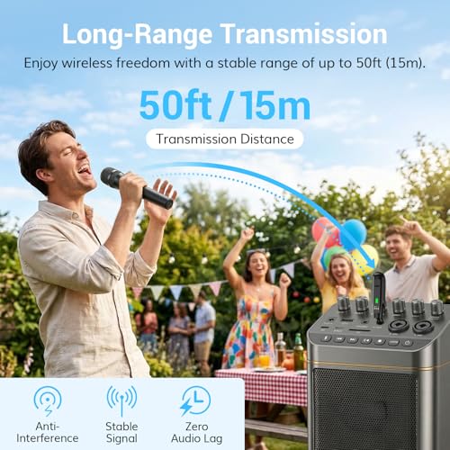 TONOR 2.4G Wireless Microphone, Rechargeable Cordless Handheld Microphone System with Receiver, Karaoke Mic for Singing, Home Party, Birthday, 50ft / 15 m Range, TW-210