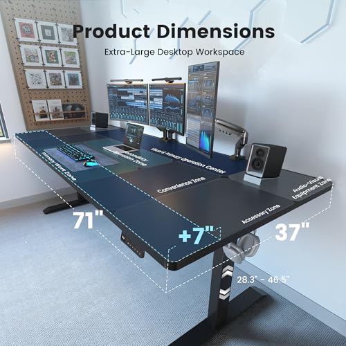 FEZIBO 71 x 37 Inch Electric Standing Desk with Integrated Dual-Beam & Cable Management, Memory Height Adjustable Computer Desk for Home Office Workstation, 1" Thick Large 3-Piece Tabletop Black