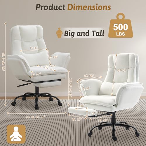 Office Chair,Big and Tall Heavy-Duty Executive Reclining Computer Gaming Chair with Footrest,Flip Armrests,Lumbar Pillow&Thicken Wider Seat for Criss Cross Legged Desk Vanity Chair,Teddy Fabric White