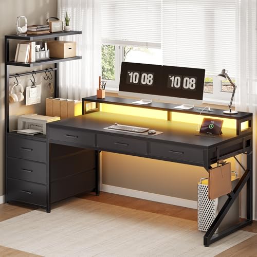 SEDETA 55" Gaming Desk with 6 Drawers, Corner Gaming Desk with Storage & LED Lights, Reversible PC Desk with Power Outlet, Corner Computer Desk with Hutch, Monitor Stand, Side Hook, Carbon Fiber Black