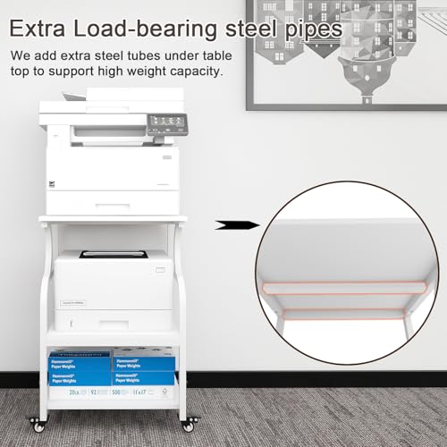 Natwind Large Printer Stand, 24''x20''x29'' Printer Table with Adjustable Storage Shelf, 3 Tier Rolling Cart with Wheels, Multifunctional Home Office Shelves for Heat Press, 3D Printer (White)